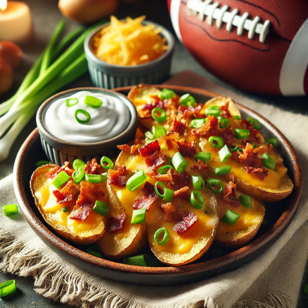 DALL·E 2025 01 30 12.42.38 A plate of crispy loaded potato skins topped with melted cheese crispy bacon bits and fresh green onions. The dish is served with a side of sour cre