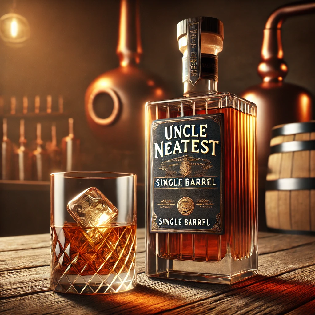Uncle Nearest Premium Whiskeys Review 2 DALL·E 2025 01 30 13.02.42 A realistic and elegant bottle of Uncle Nearest Single Barrel Whiskey displayed on a rustic wooden table with warm lighting. The bottle is slightly an
