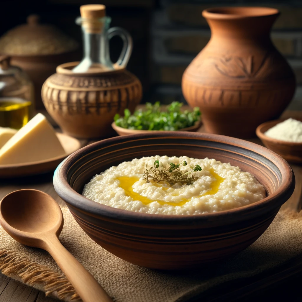 Ancient Roman Food Recipes 2 DALL·E 2025 01 30 21.20.38 A bowl of ancient Roman porridge known as Puls served in a rustic clay bowl on a wooden table. The porridge is thick and creamy made from barley or