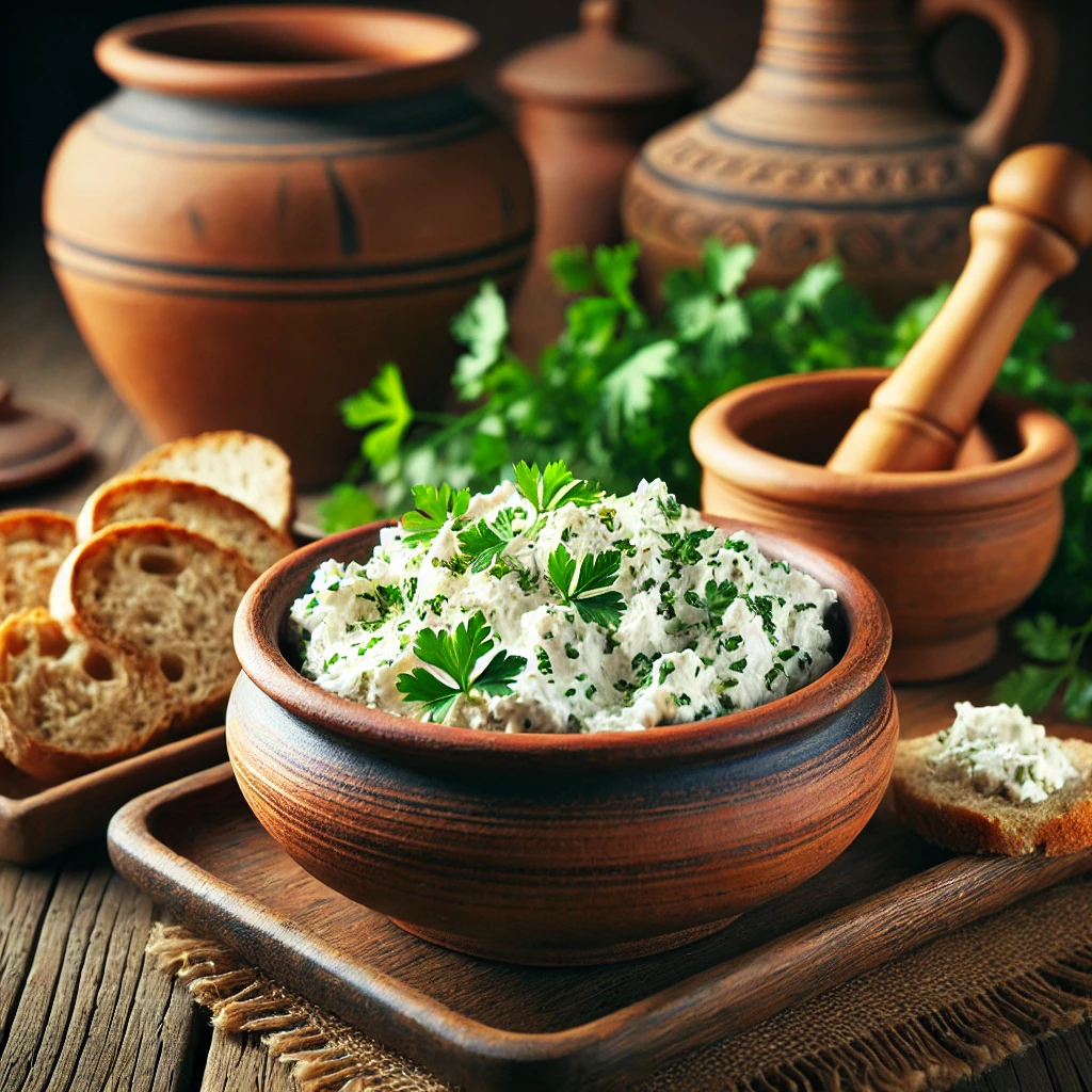 Ancient Roman Food Recipes 3 DALL·E 2025 01 30 21.25.04 A traditional Roman dish Moretum served in a rustic clay bowl on a wooden table. The cheese spread is creamy white mixed with crushed garlic and fr