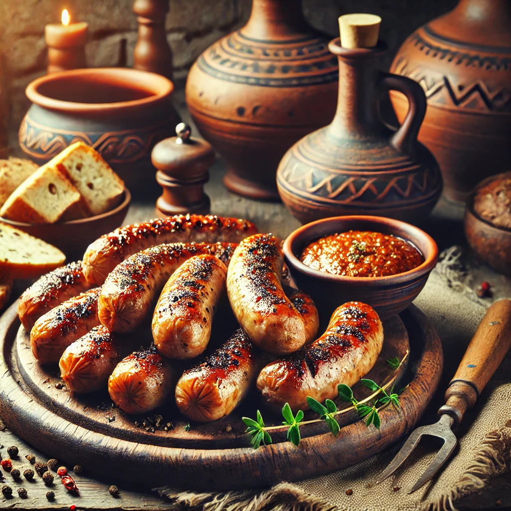 Ancient Roman Food Recipes 4 DALL·E 2025 01 30 21.39.04 A rustic wooden platter with Lucanian Sausages traditional Roman spiced sausages grilled to golden brown perfection. The sausages are seasoned with