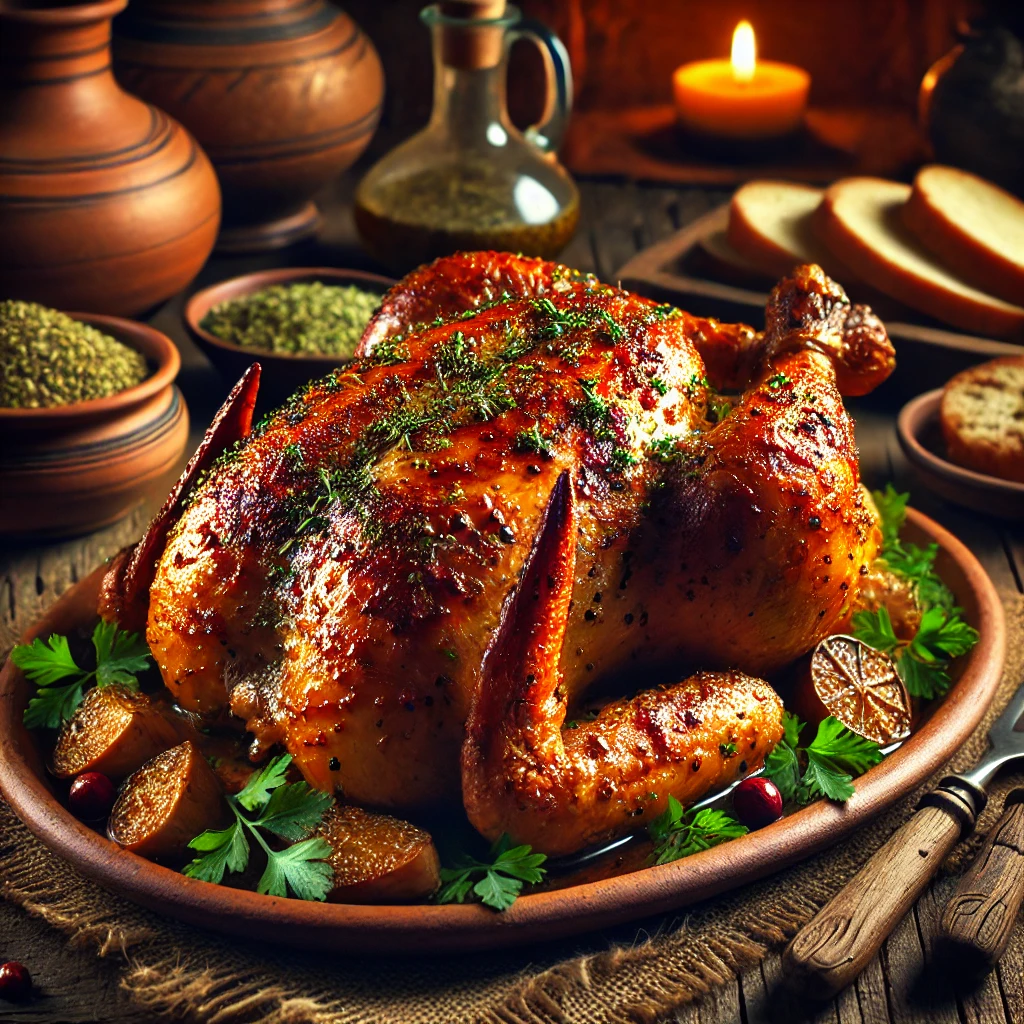 Ancient Roman Food Recipes 5 DALL·E 2025 01 30 21.43.13 A beautifully roasted Parthian Chicken a traditional Roman spiced roast chicken served on a rustic clay plate. The chicken is golden brown glisteni