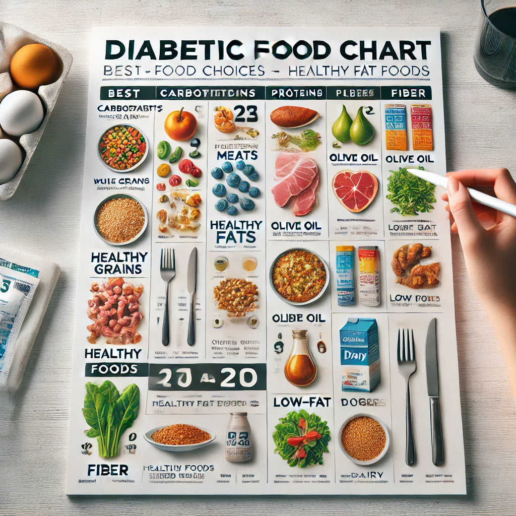What is the best food chart for a diabetic patient? 2 DALL·E 2025 02 12 00.12.47 A detailed diabetic food chart with a clean easy to read design. The chart is divided into categories Carbohydrates Proteins Healthy Fats Fiber