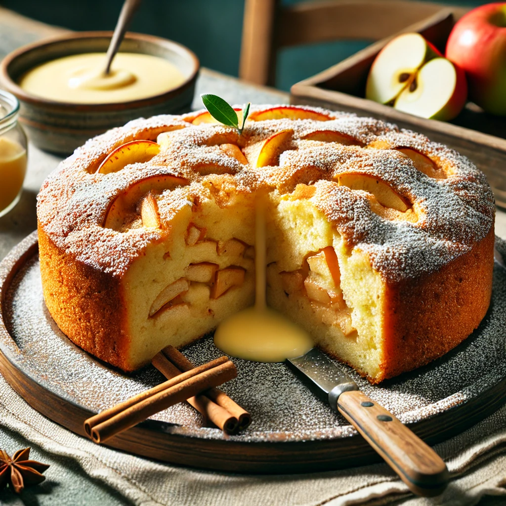 Irish Food Recipes 4 DALL·E 2025 02 24 09.18.20 A freshly baked Irish Apple Cake with a golden brown crust dusted with powdered sugar. The cake is sliced open revealing soft spiced apple chunks i