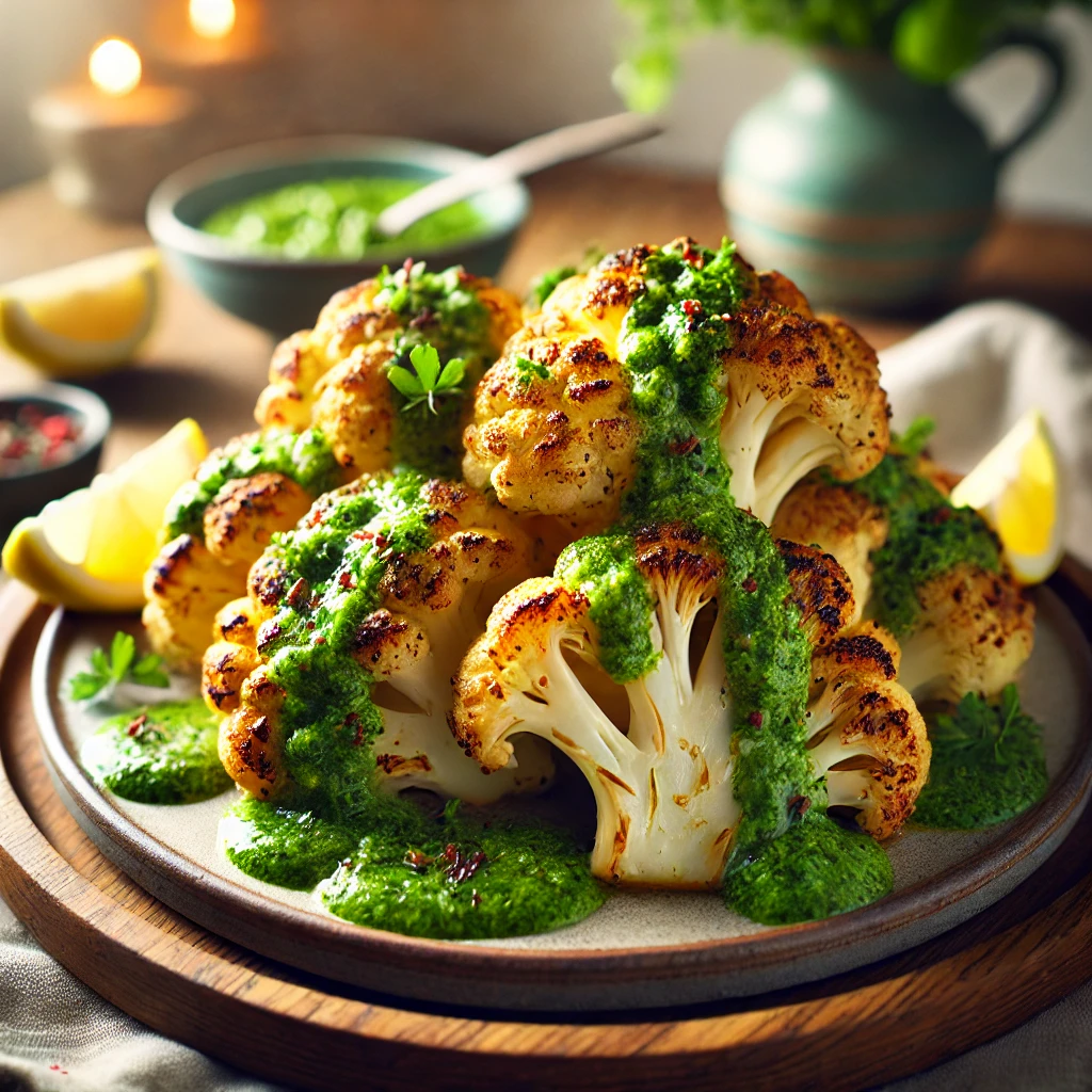 Cauliflower Recipes: A Versatile Veggie for Every Plate 2 DALL·E 2025 02 24 09.27.20 A plate of roasted cauliflower steaks perfectly golden brown with crispy edges drizzled with vibrant green chimichurri sauce. The dish is garnished