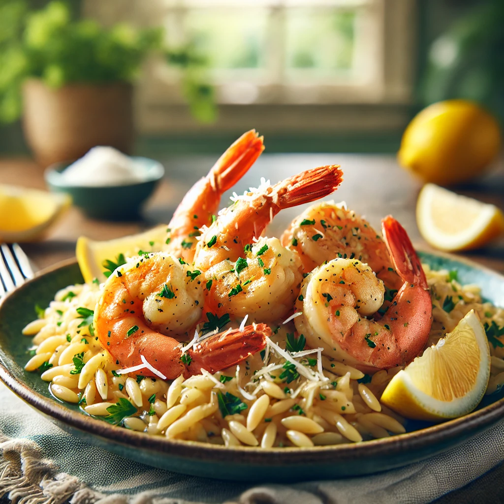 DALL·E 2025 02 25 15.34.17 A delicious plate of lemon garlic shrimp with orzo featuring plump golden shrimp sauteed in a garlic butter sauce served over a bed of tender orzo