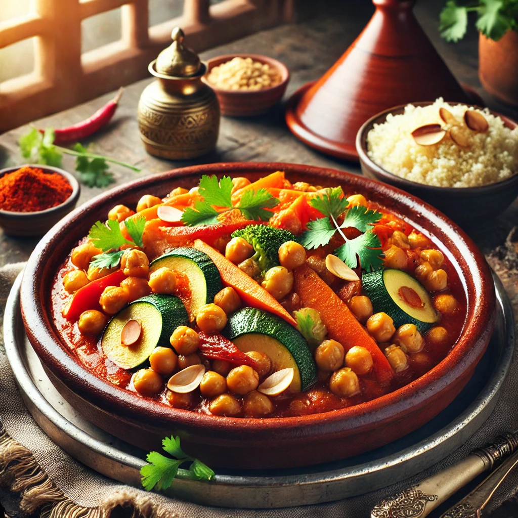 DALL·E 2025 02 25 15.35.20 A beautifully presented Moroccan Chickpea and Vegetable Tagine served in a traditional clay tagine dish. The dish features a rich spiced tomato sauce