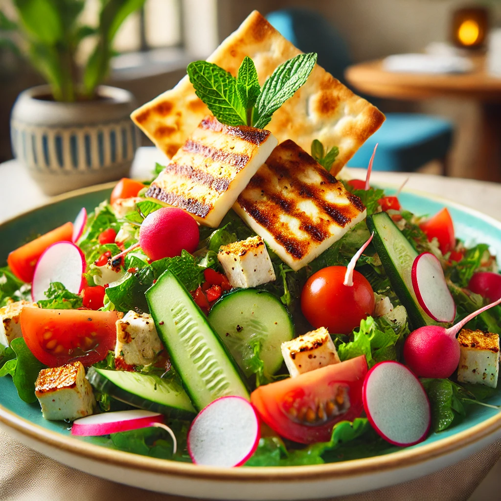 DALL·E 2025 02 25 15.36.33 A vibrant plate of Fattoush Salad with Grilled Halloumi featuring crispy toasted pita chips fresh cucumbers cherry tomatoes radishes and mixed gr