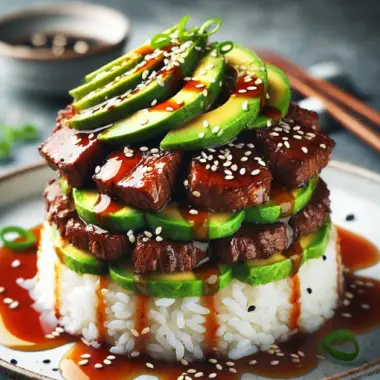 Teriyaki Beef and Avocado Rice Stack