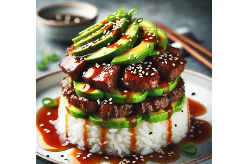 Teriyaki Beef and Avocado Rice Stack