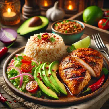 Spicy Grilled Chicken with Avocado Salad & Garlic Rice Recipe