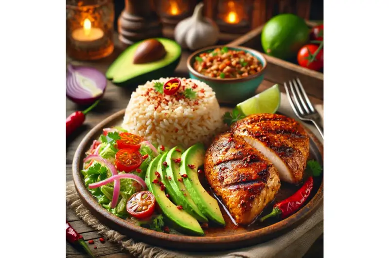 Spicy Grilled Chicken with Avocado Salad & Garlic Rice Recipe